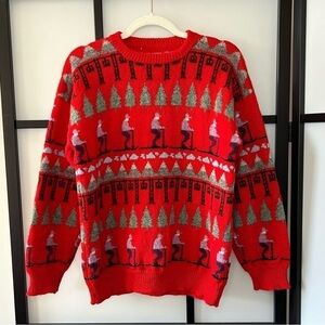 [M] Vintage Hand Knit Red Skiing Man Alpine Tree Pattern Long Sleeve Sweater